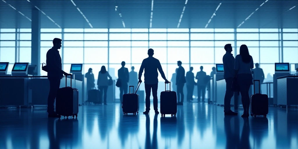 a group of people standing around a terminal with luggage bags and check in counters in the backgrou