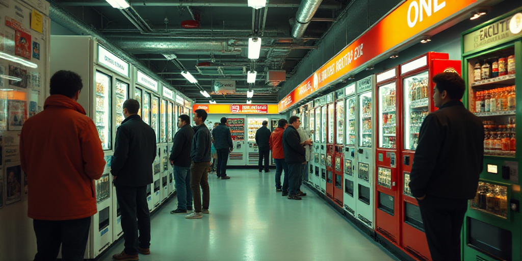 a group of people standing around a store filled with items and vending machines with people standin