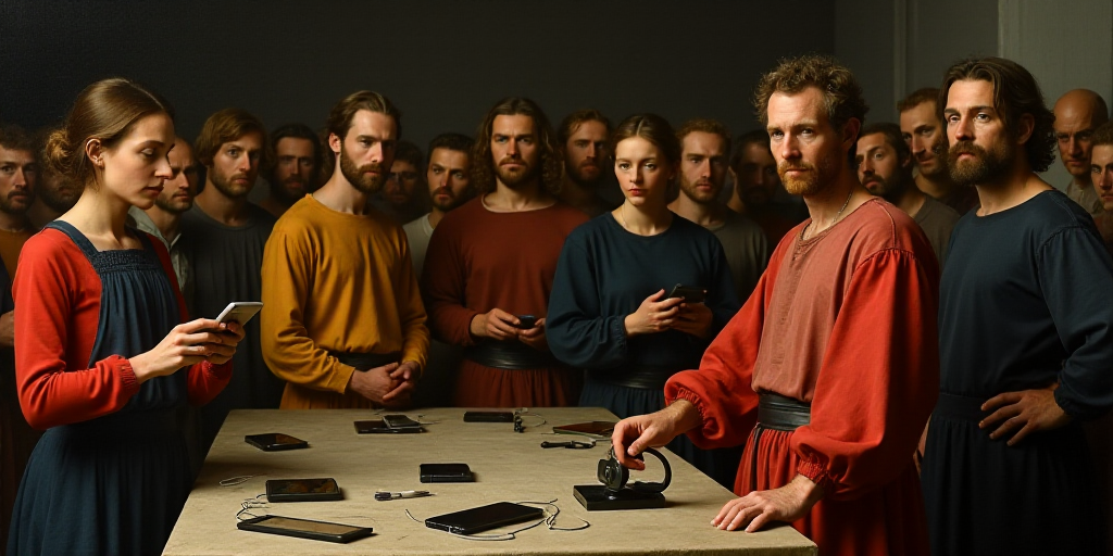 a group of people standing around a table in a factory with cell phones on it and a man in a red shi