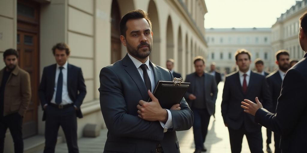 a group of people standing around a building with a man holding a folder and a clipboard in his hand