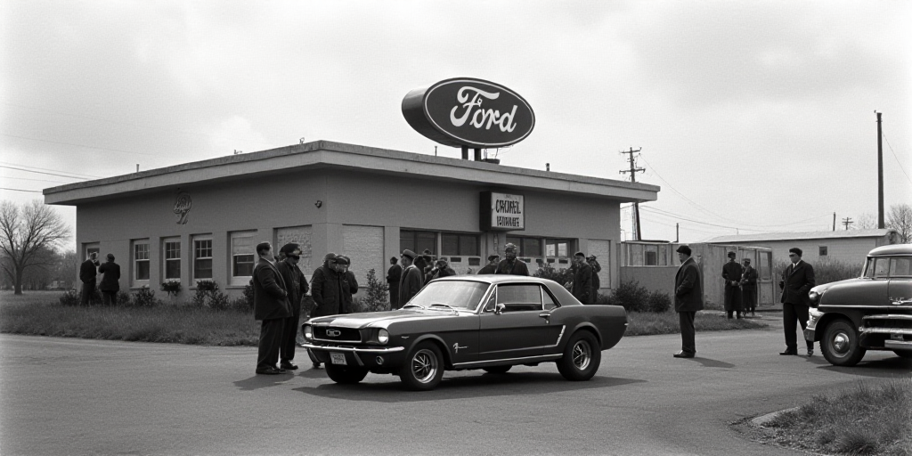 a group of people standing around a car in front of a ford sign and a building with a ford sign on i