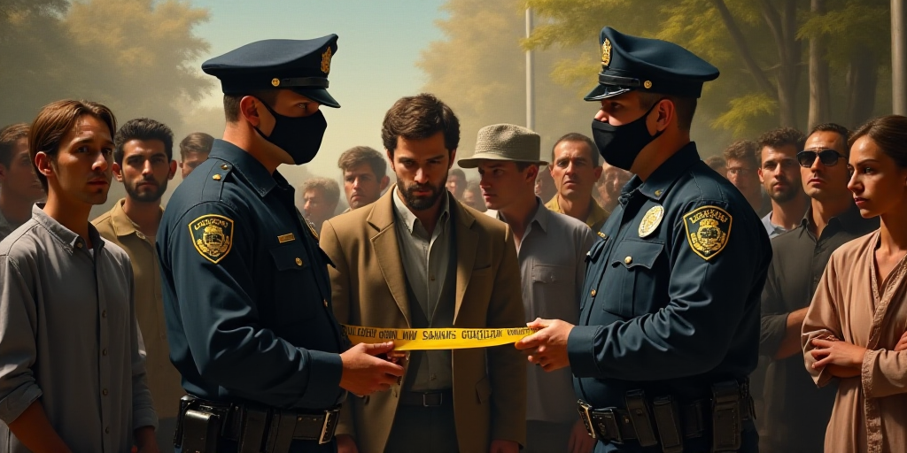 a group of people standing around a police officer wearing a face mask and a police officer holding