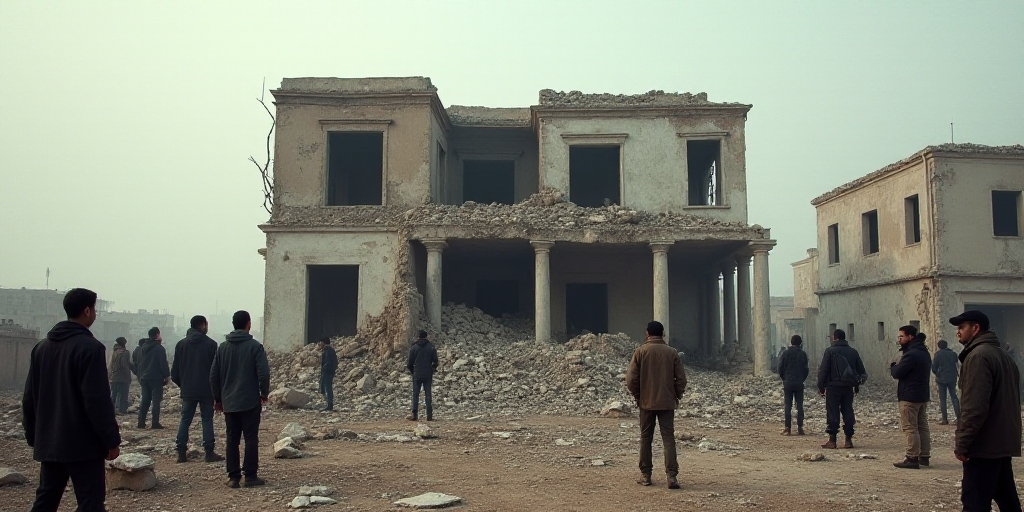 a group of people standing around a building that has been destroyed and is falling apart and people