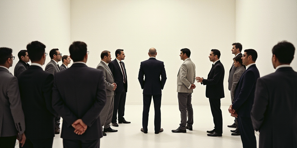 a group of people standing around a man in a suit and tie in a room with a white wall, David Alfaro