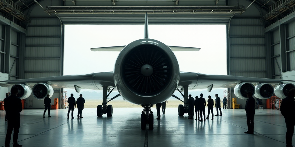 a group of people standing around a large airplane in a hangar with the door open and the engine on