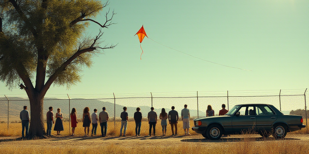 a group of people standing behind a fence near a car and a tree with a kite flying in the sky, Elbri