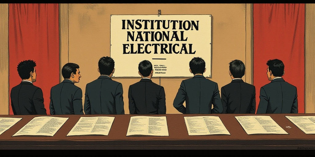 a group of people standing behind a table with papers in front of them and a sign that says institut