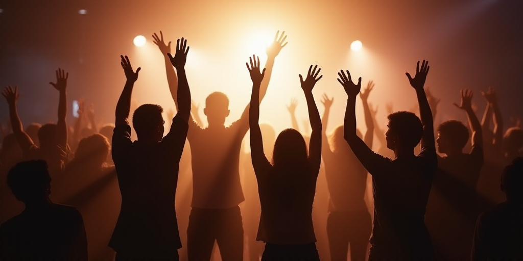 a group of people standing in a room with their hands together and their arms raised up in the air,