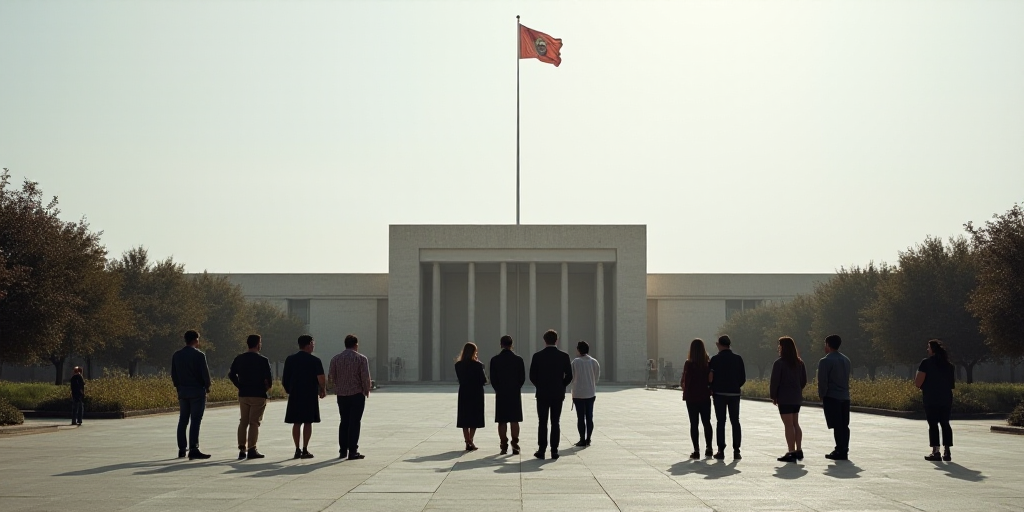 a group of people standing in front of a building with a flag on top of it and a flag pole, Carlos F