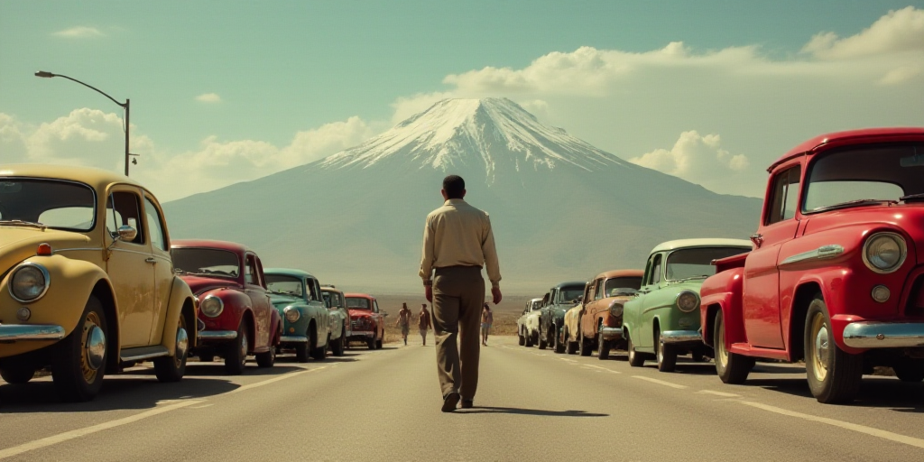 a group of people standing in front of a bunch of cars on a road with a mountain in the background,