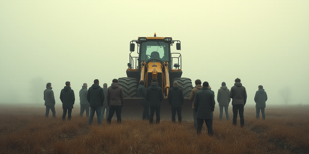 a group of people standing in front of a bulldozer in a field with a foggy sky, Ceferí Olivé, houd
