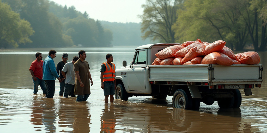 a group of people standing in a flooded area next to a truck with bags of food on it and a man in a