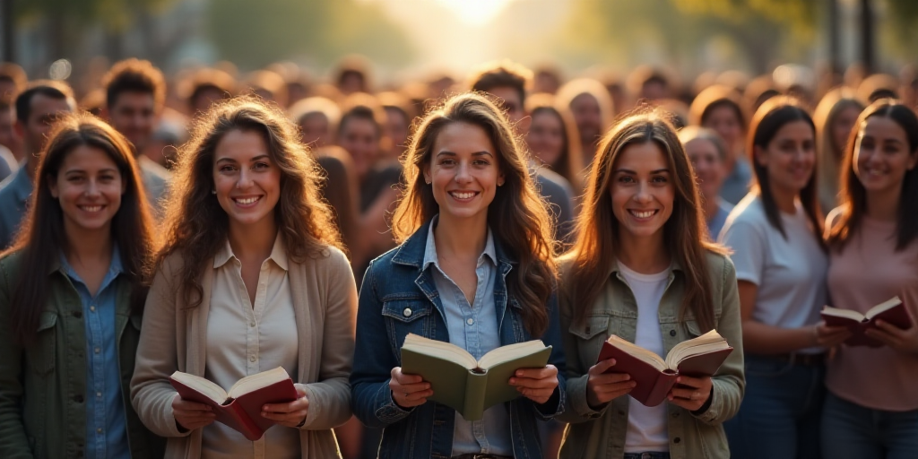 a group of people standing in front of a crowd of people holding books in their hands and smiling at