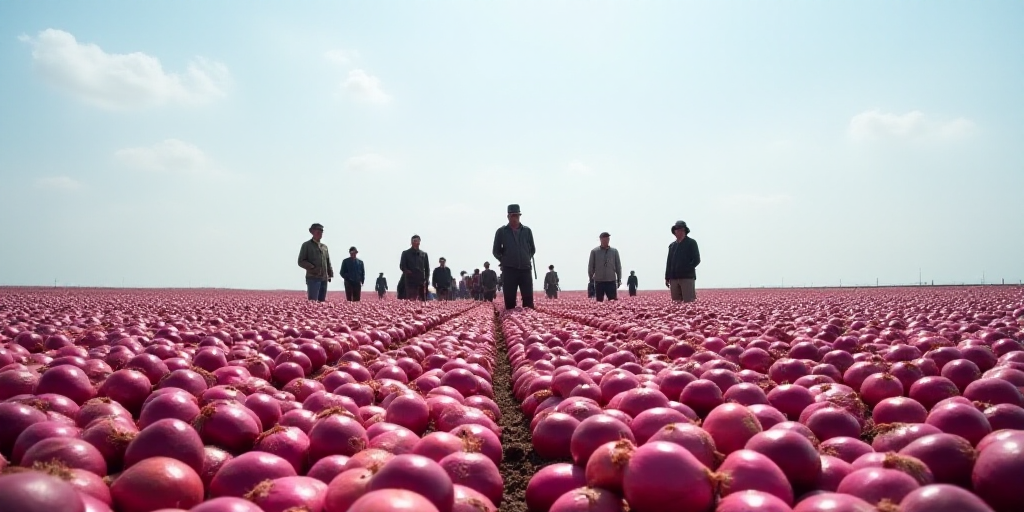 a group of people standing in a field of red onions with a sky background and a line of rows of rows
