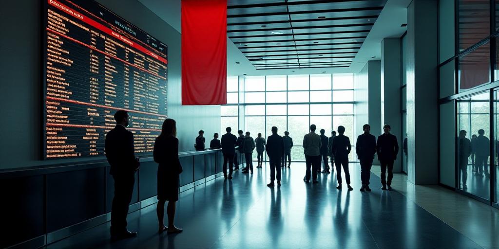 a group of people standing in a lobby next to a wall of stock information and a flag hanging from th
