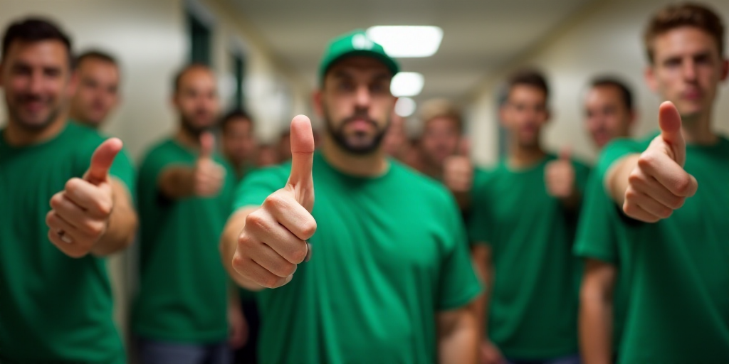 a group of people standing in a hallway with thumbs up and thumbs down in front of them, all wearing