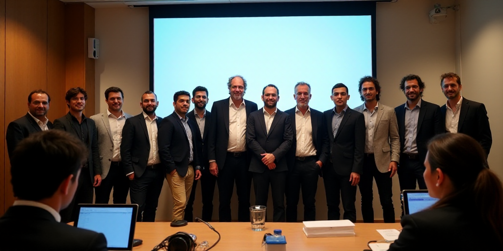 a group of people standing in front of a screen in a conference room with a projector screen behind