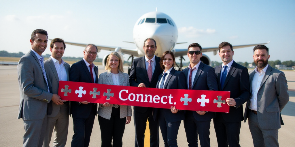 a group of people standing in front of a plane with a ribbon in front of them that says connect, Edd