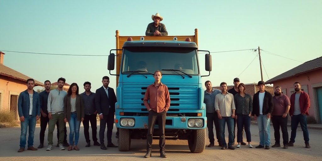 a group of people standing in front of a blue truck with a man on top of it and a woman on the back