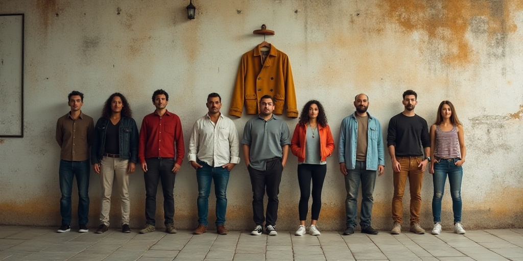 a group of people standing in front of a wall with a coat on it and a flag hanging on the wall, Carl