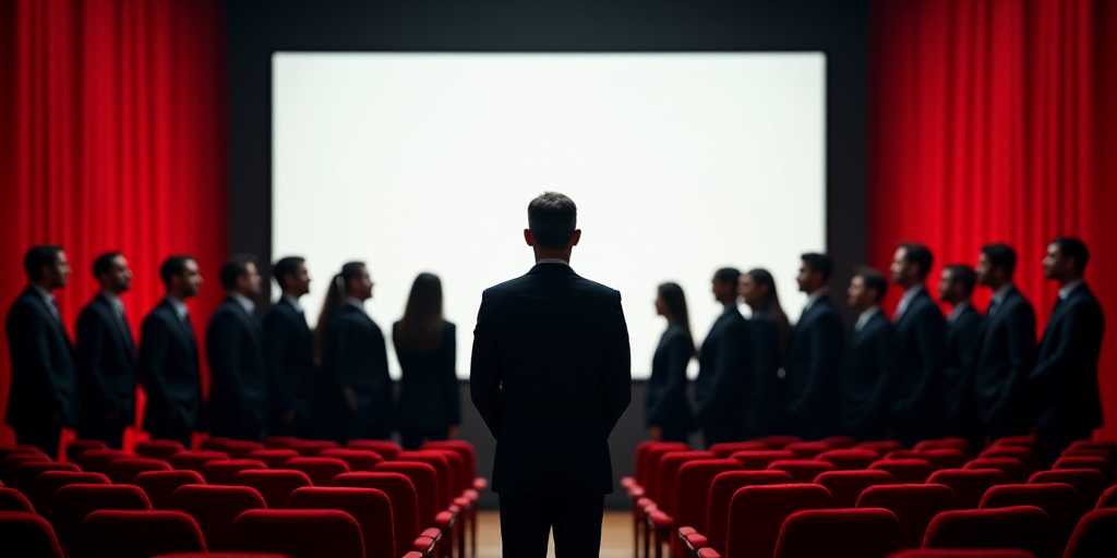 a group of people standing in front of a screen in a room with red chairs and red chairs and a scree
