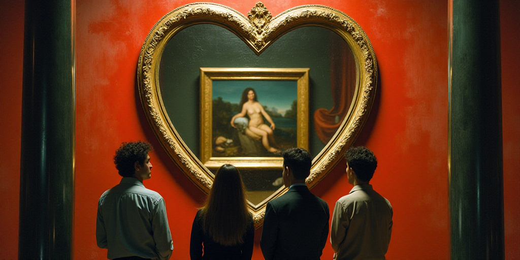 a group of people standing in front of a heart shaped mirror with a painting on it's wall, David LaC