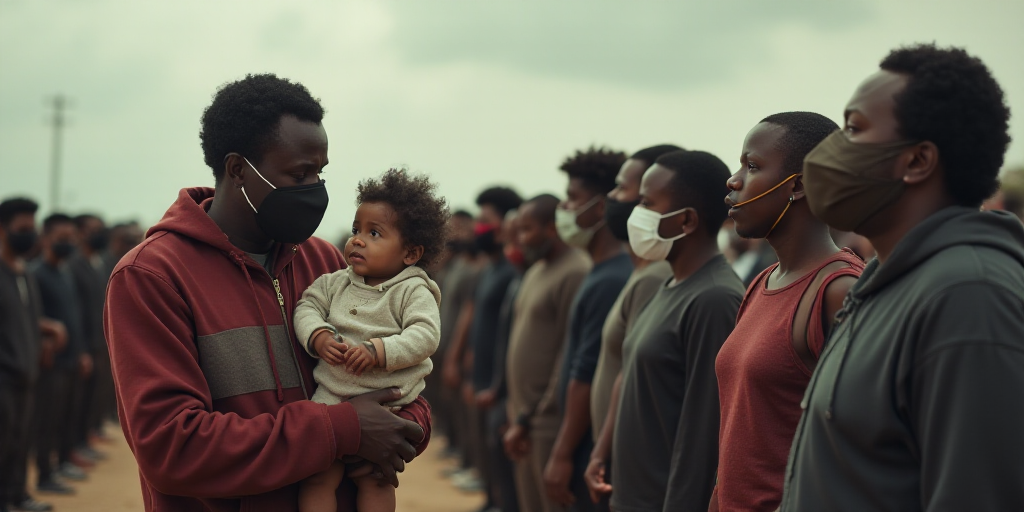 a group of people standing in a line with masks on their faces and one man holding a baby in his arm