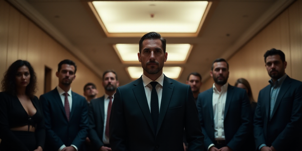 a group of people standing in a room together with a man in a suit and tie in front of them, Carlos