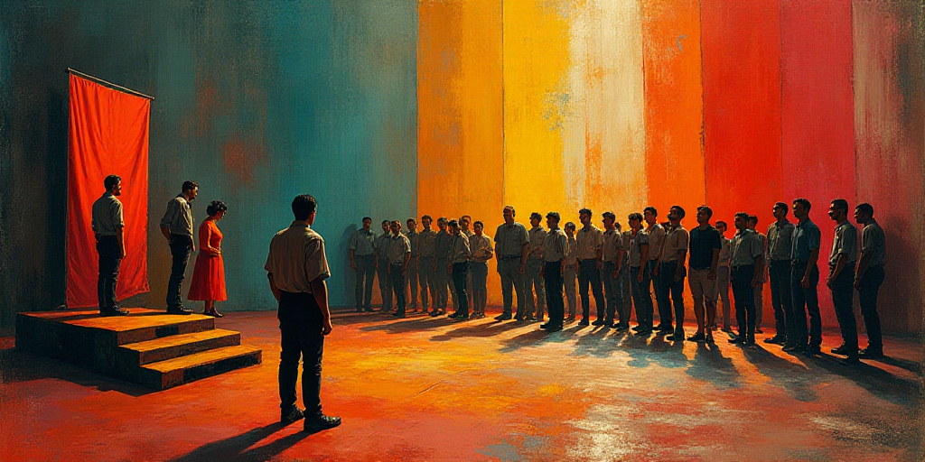 a group of people standing in a room with a flag on the wall and a stage with a flag on it, David Al