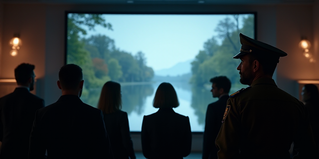 a group of people standing in front of a tv screen with a picture of a river on it and a man in unif