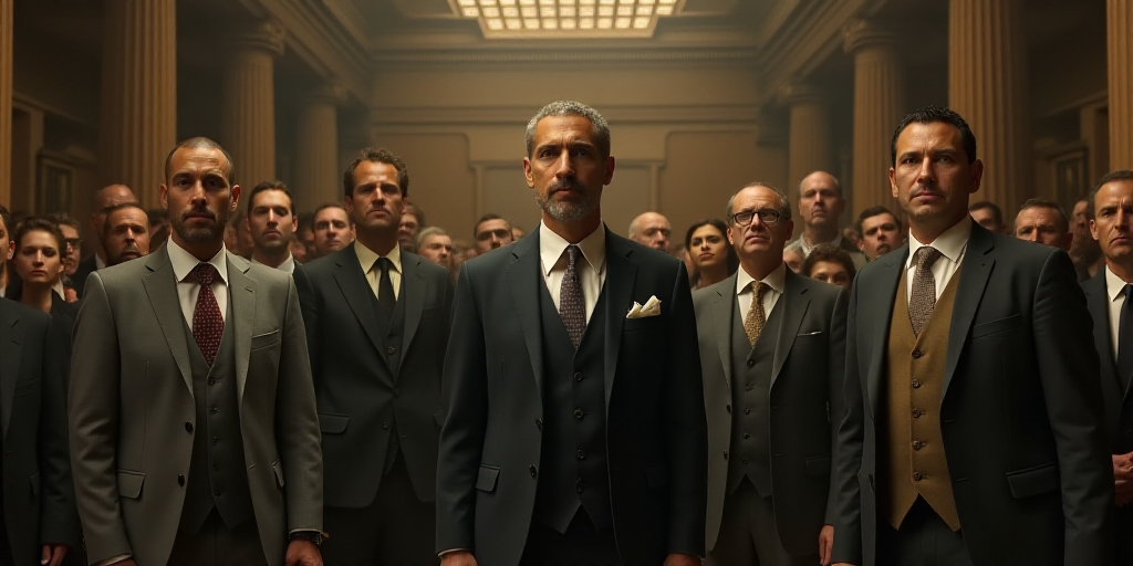 a group of people standing in a room with a crowd of people behind them and a man in a suit and tie,
