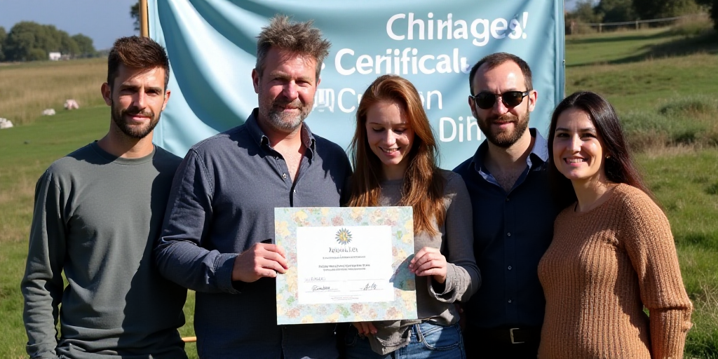 a group of people standing in front of a sign with a certificate in front of them and a banner in th