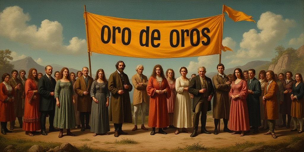 a group of people standing in front of a sign with a banner behind them that reads, oro de oros,, Ad