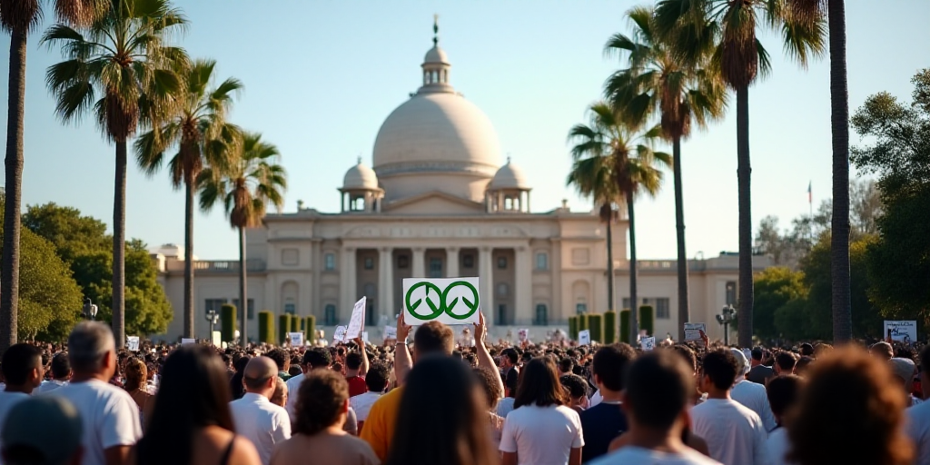 a group of people standing in front of a building with palm trees in the background and a sign that