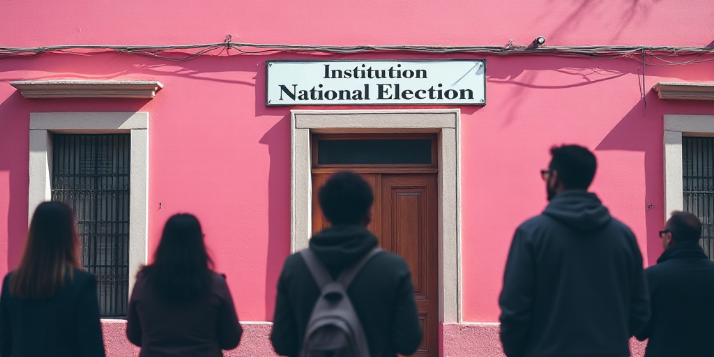 a group of people standing in front of a pink building with a sign that says institution national el