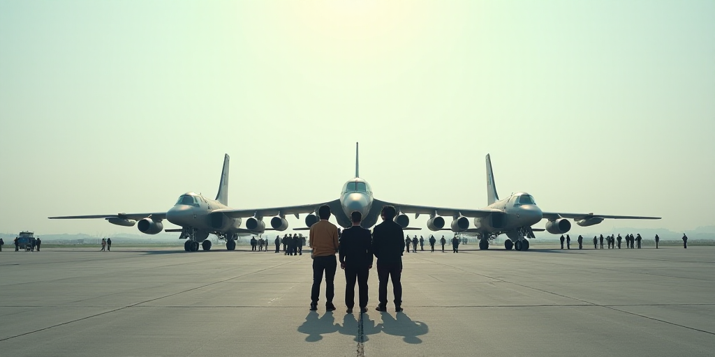 a group of people standing in front of a bunch of planes on a runway with military personnel standin
