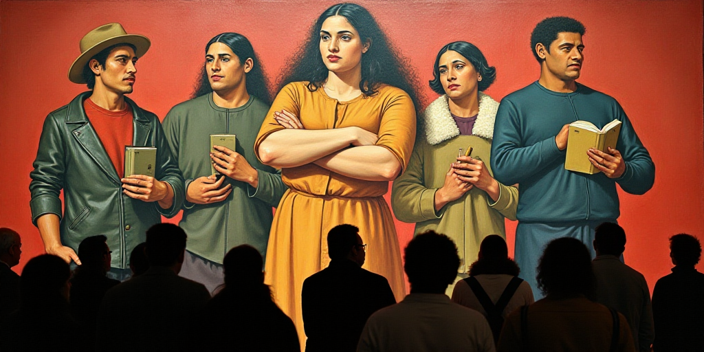a group of people standing in front of a painting of a woman with arms crossed and a man holding a b