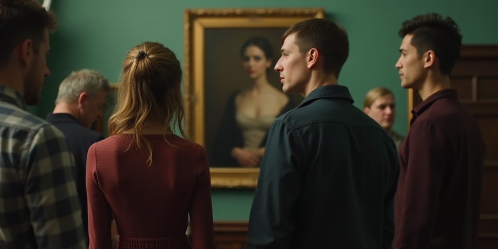 a group of people standing next to each other in a room with a portrait of a man and woman, Ada Glad