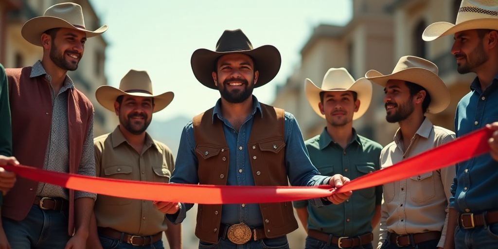 a group of people standing next to each other holding a ribbon and a man in a cowboy hat and vest, C