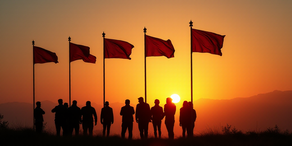 a group of people standing next to flags flying in the air at sunset or dawn with sun shining behind