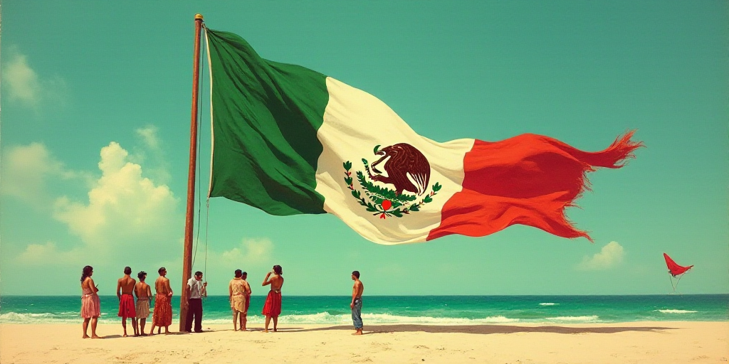 a group of people standing next to a large mexican flag kite on a beach in the ocean with people sta