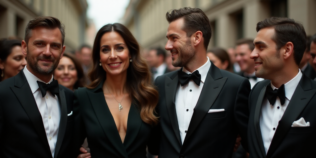 a group of people standing next to each other in suits and ties smiling for a picture together in fr