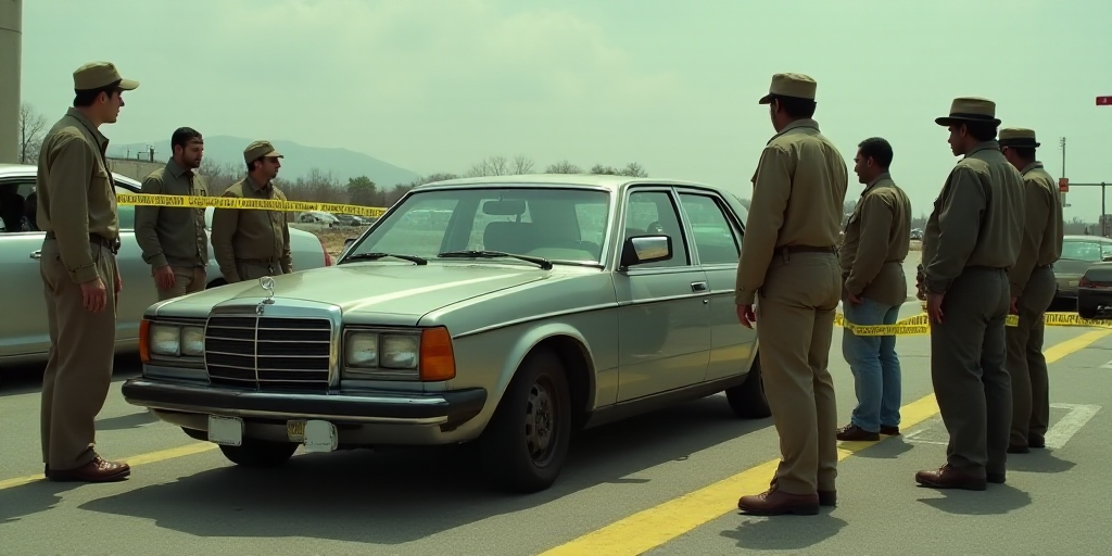 a group of people standing next to a car with a yellow tape on it's side and a police tape on the ba