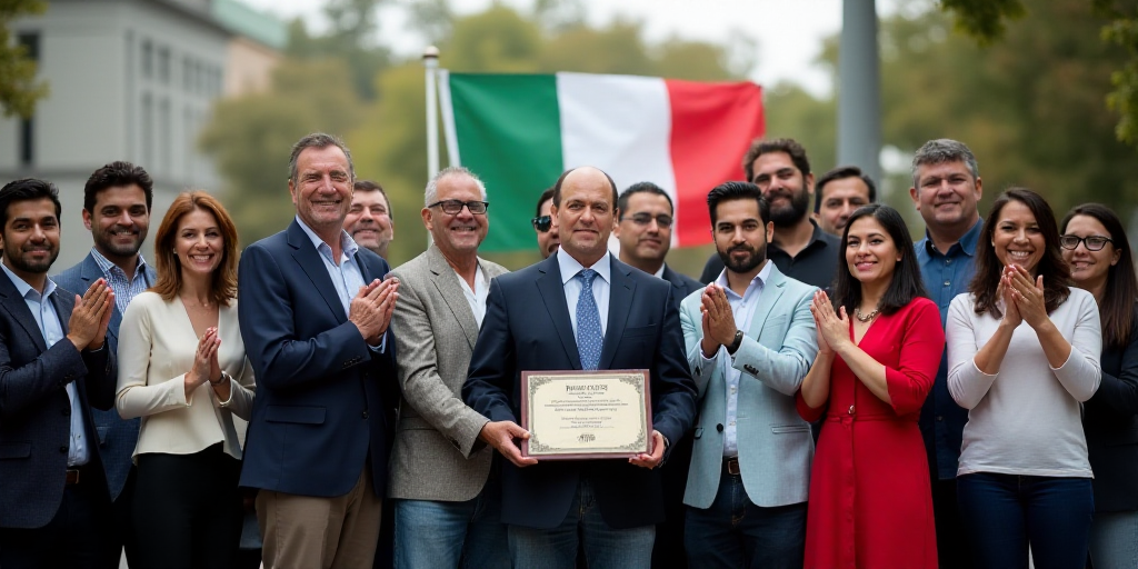a group of people standing next to each other holding a plaque in their hands and clapping hands in