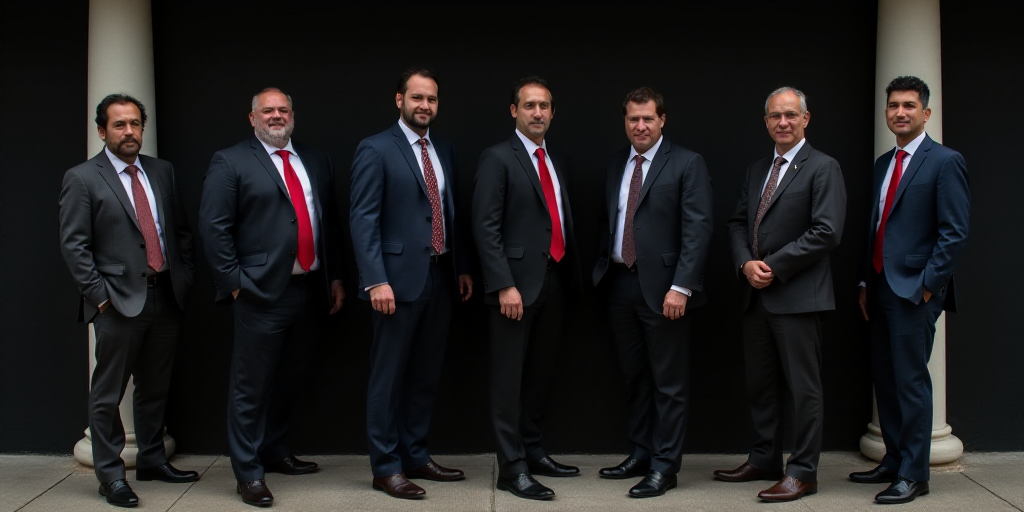 a group of people standing next to each other in front of a black wall with a white column and a red