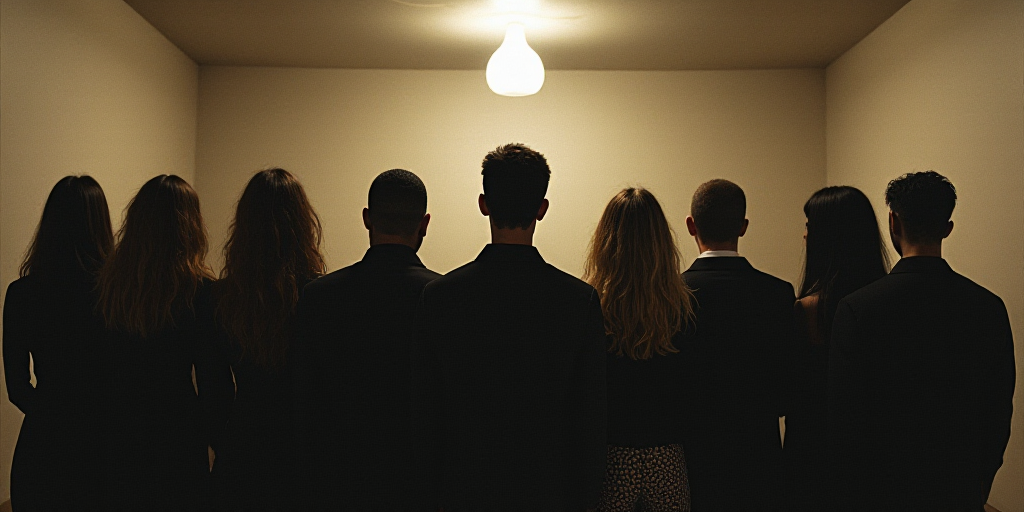 a group of people standing next to each other in a room with a wall and a ceiling light in the backg