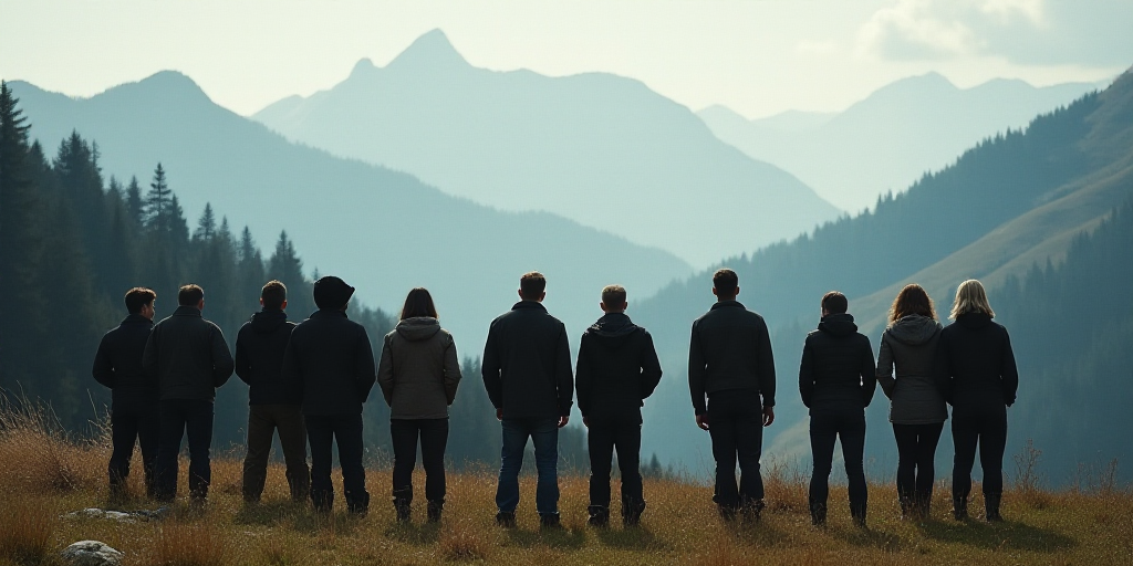 a group of people standing next to each other in front of a mountain range with trees and a sky back