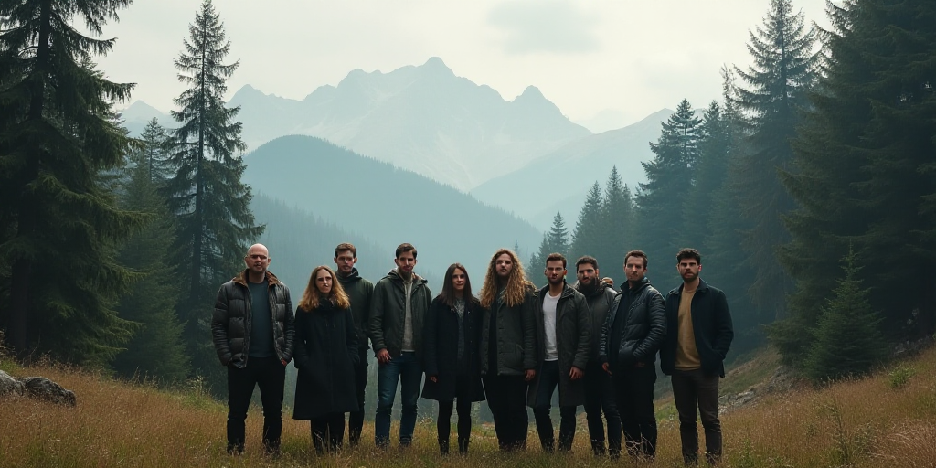 a group of people standing next to each other in front of a forest filled with trees and mountains i