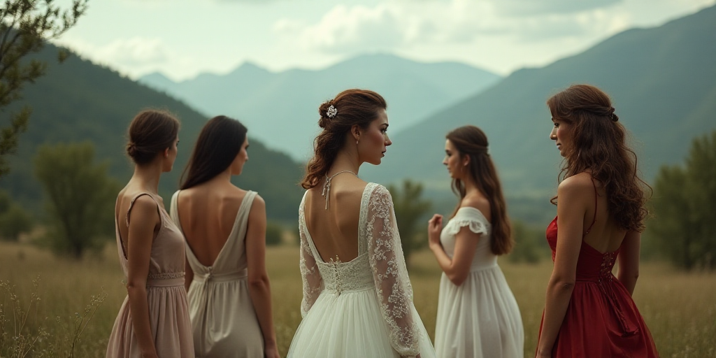 a group of people standing next to each other in front of trees and mountains in the background, wit