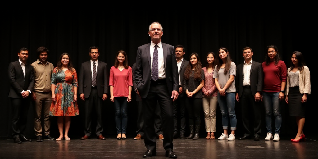 a group of people standing next to each other on a stage with a man in a suit and tie, Araceli Gilbe